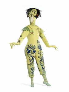 Marc Chagall, Costume for The Firebird: Blue-and-Yellow Monster from Koschei’s Palace Guard, 1945, wool/synthetic knit with polyurethane, wool/synthetic knit appliqués, wood beads, silk plain weave (chiffon), and animal hair, New York City Ballet, New York, © 2017 Artists Rights Society (ARS), New York/ADAGP, Paris, photo © 2017 Museum Associates/LACMA