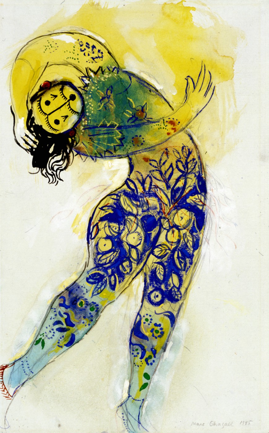 Marc Chagall, Costume Design for The Firebird: Blue-and-Yellow Monster from Koschei’s Palace Guard, 1945, watercolor, gouache, graphite, and india ink on paper, 18 5/16 × 11 7/16 in., private collection, © 2017 Artists Rights Society (ARS), New York/ADAGP, Paris, photo © 2017 Archives Marc et Ida Chagall, Paris