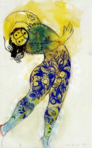 Marc Chagall, Costume Design for The Firebird: Blue-and-Yellow Monster from Koschei’s Palace Guard, 1945, watercolor, gouache, graphite, and india ink on paper, 18 5/16 × 11 7/16 in., private collection, © 2017 Artists Rights Society (ARS), New York/ADAGP, Paris, photo © 2017 Archives Marc et Ida Chagall, Paris