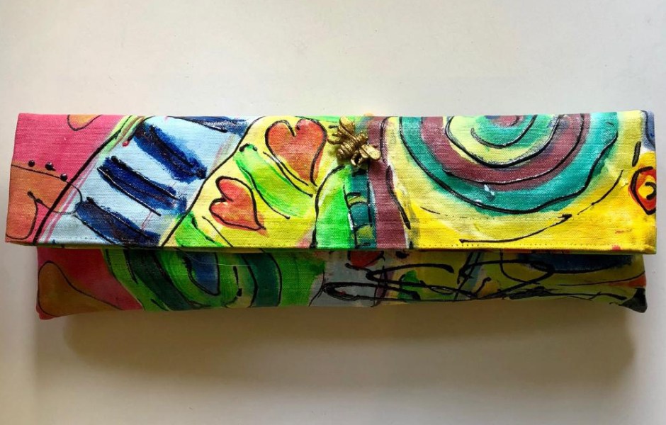 Susan Tancer Studios_Blue Stripe Graffiti Clutch with Bee Susan Tancer Studios_Blue Stripe Graffiti Clutch with Bee