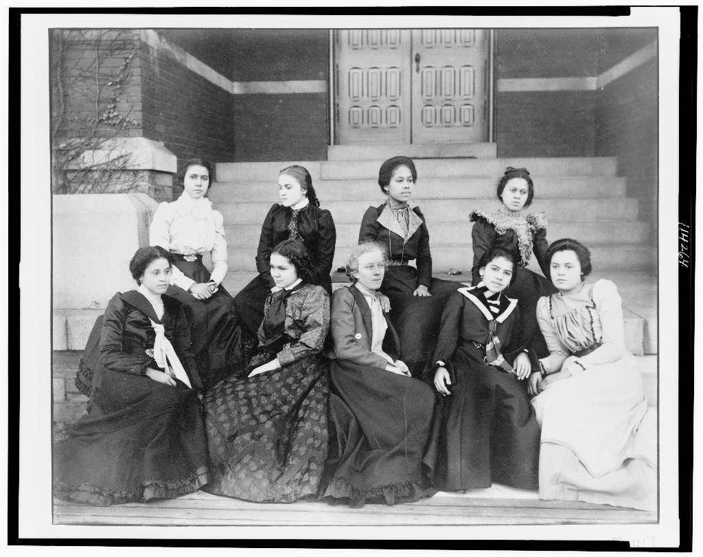 Nine African American women, full-length portrait, seated on steps of a building at Atlanta University, Georgia, 1899 or 1900, Exhibit of American Negroes, 1900 Paris Exposition, Library of Congress